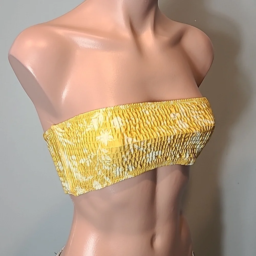 Triangl yellow floral smocked‎ strapless bikini top Size Small Vacation Swim - Picture 2 of 7